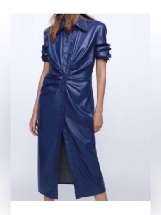 Zara Dresses & Skirts - NWT Zara Faux Leather Blue Ruched Shirt Dress, Size M